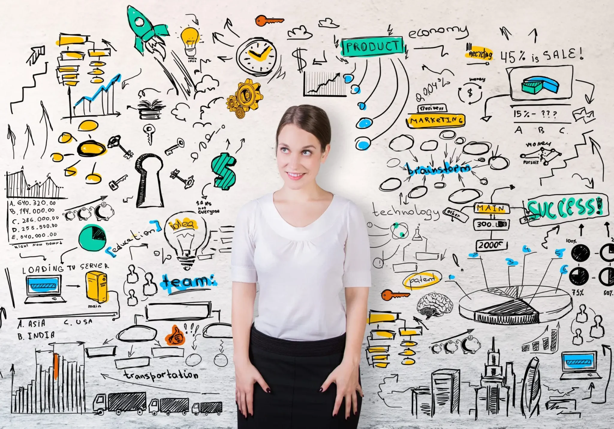 Businesswoman brainstorming surrounded by strategy sketches