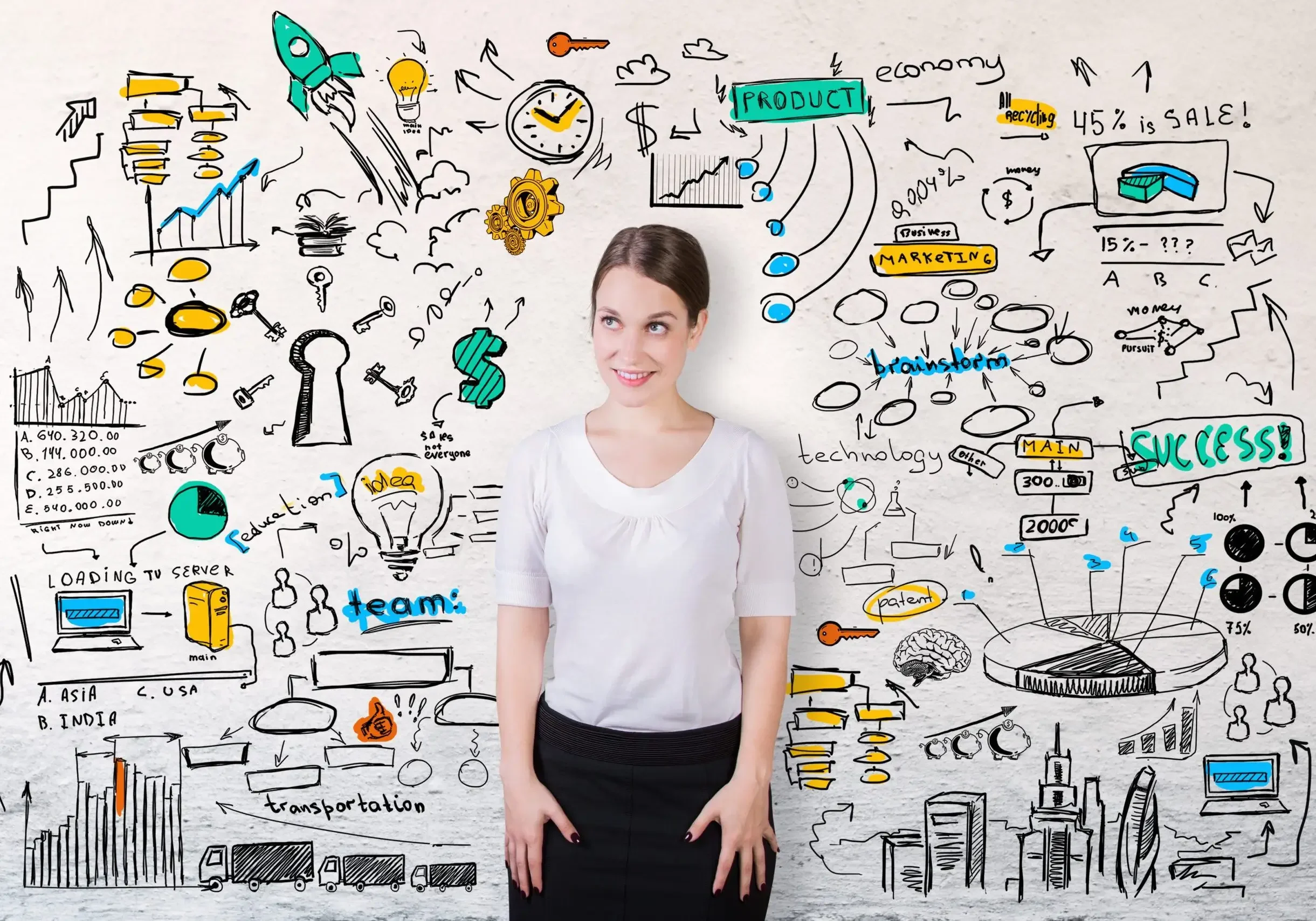 Businesswoman brainstorming surrounded by strategy sketches