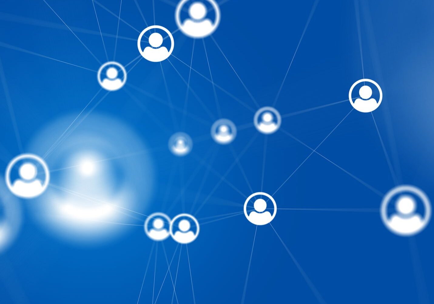 Abstract network of connected user icons on a blue background.